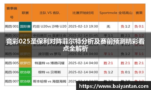 竞彩025圣保利对阵菲尔特分析及赛前预测精彩看点全解析